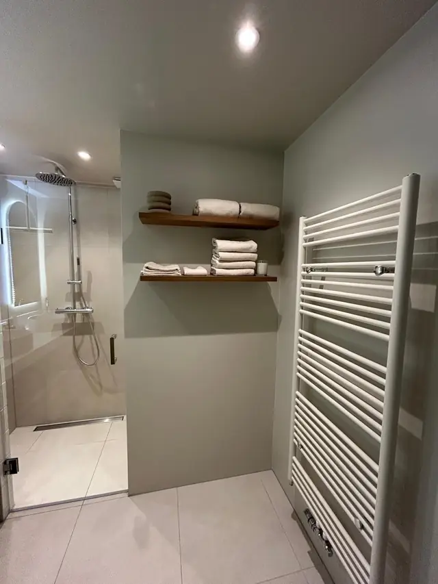 Badkamer met inloopdouche en dubbele wastafel, foto 9 van 15
