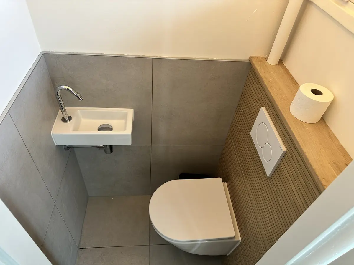Toilet met fonteintje en houten wandpaneel in Ede
